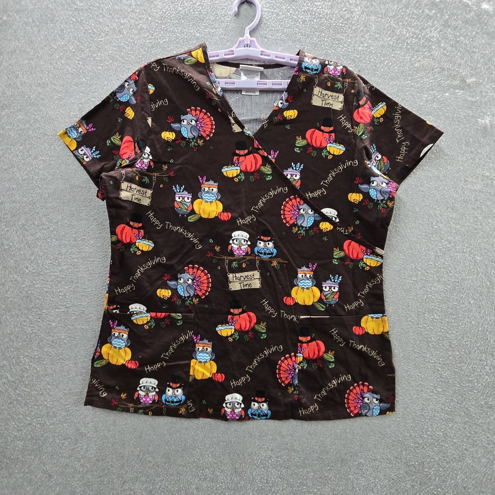 Scrubstar Women Scrub Top M Brown Graphic Thanksgiving Turkeys SS35Q910